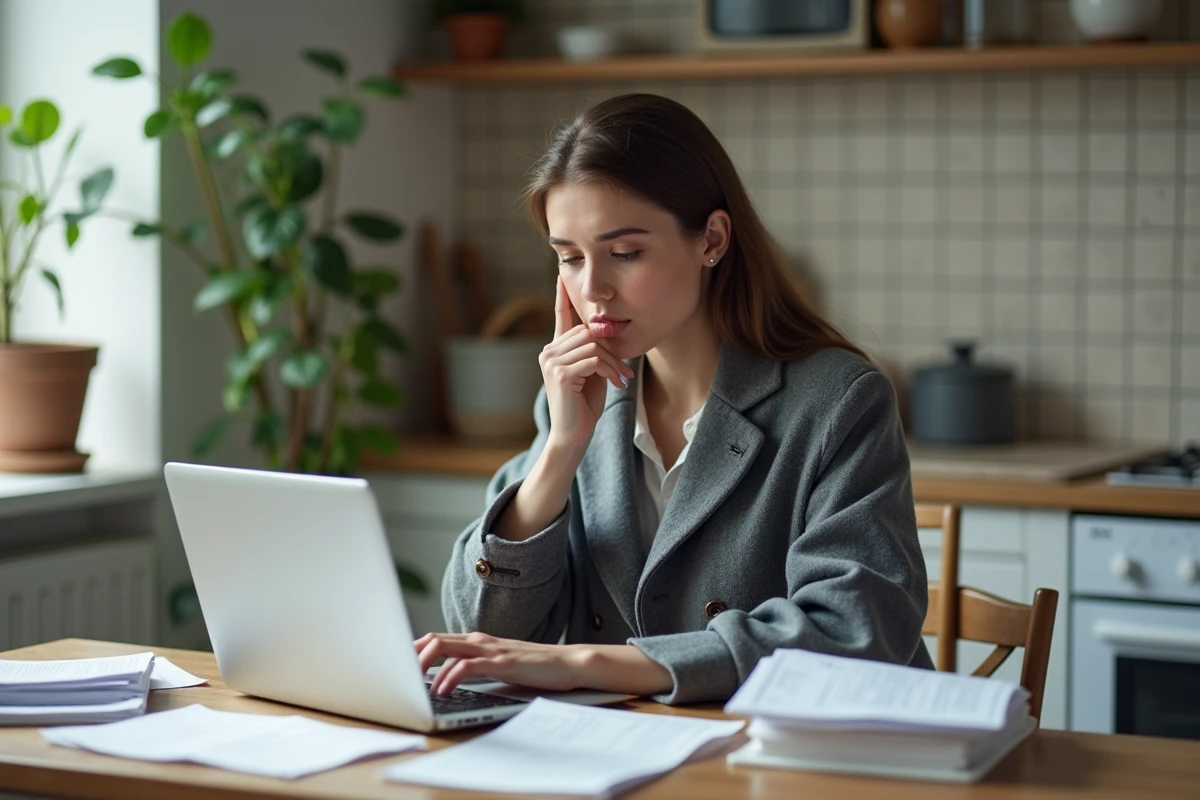 Jeune femme vérifiant des papiers dans sa cuisine