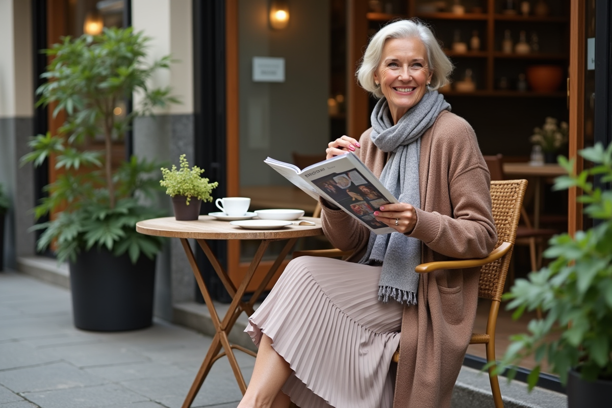 Femme de 60 ans sirotant un café en terrasse