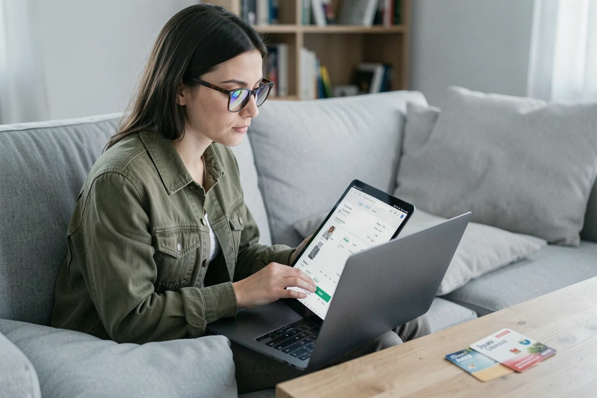 Jeune femme utilisant un chèque cadeau Infini en ligne sur un ordinateur portable, optimisant son solde pour éviter les frais