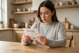 Femme examinant un chèque cadeau Infini à une table de cuisine en bois, cherchant à optimiser son utilisation sans perdre de frais