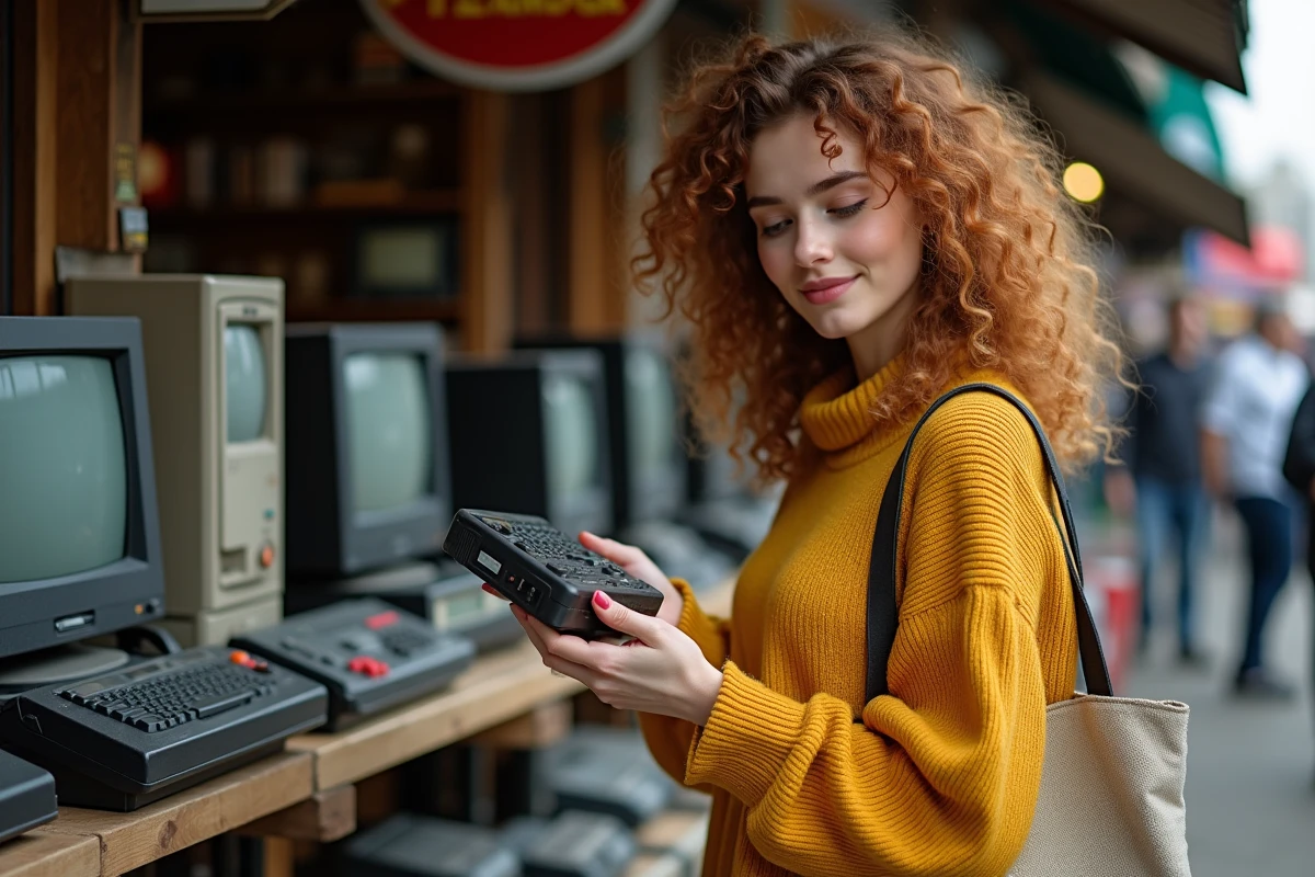 Femme examinant une console rétro pas chère dans un marché aux puces d'électronique vintage