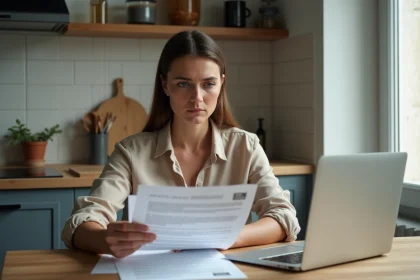 Femme consultant des documents juridiques sur la table de sa cuisine avec un ordinateur portable affichant un site de conseil en droit