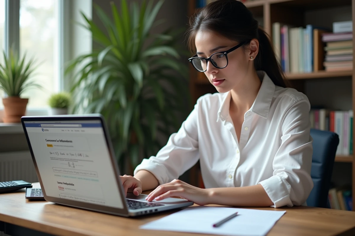 Femme utilisant un ordinateur portable pour convertir des mégawatts en kilowatts à son bureau