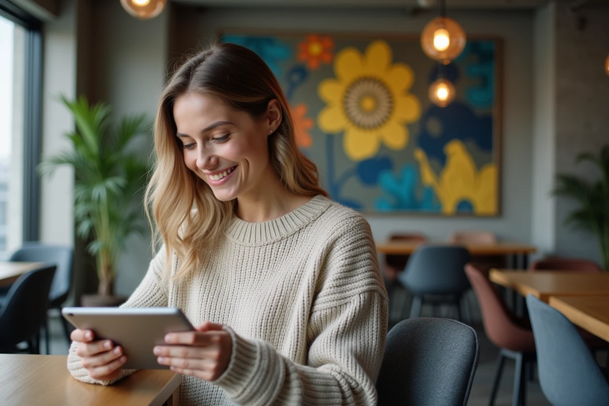 Femme souriante comparant des options d