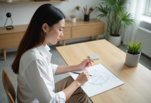Signification logo minimaliste : pourquoi et comment l’adopter ? Jeune femme dessinant un logo géométrique dans un bureau moderne