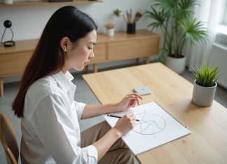 Signification logo minimaliste : pourquoi et comment l’adopter ? Jeune femme dessinant un logo géométrique dans un bureau moderne