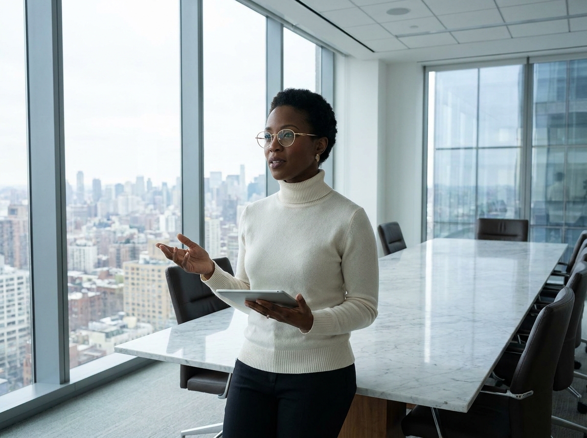 Femme dirigeante portant des lunettes dorées à monture ovale lors d'une présentation dans une salle de réunion avec vue sur la ville