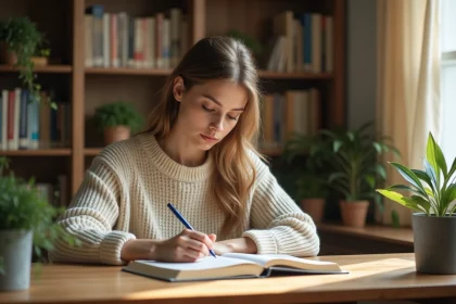 Jeune femme écrivant soigneusement dans un carnet sur un bureau en bois, entourée de dictionnaires, illustrant les règles d'orthographe et les formules de politesse en français