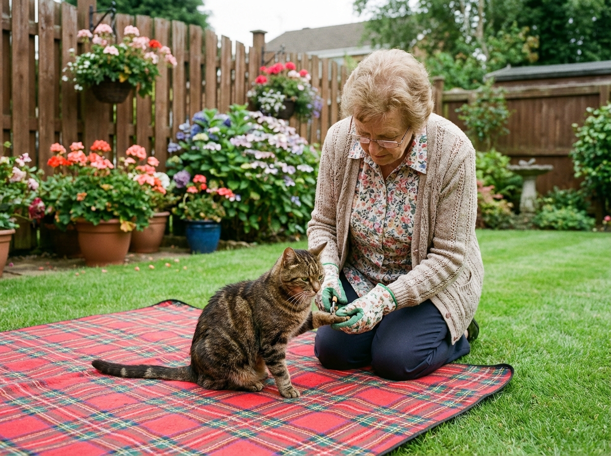 Femme âgée soignant son chat dans le jardin