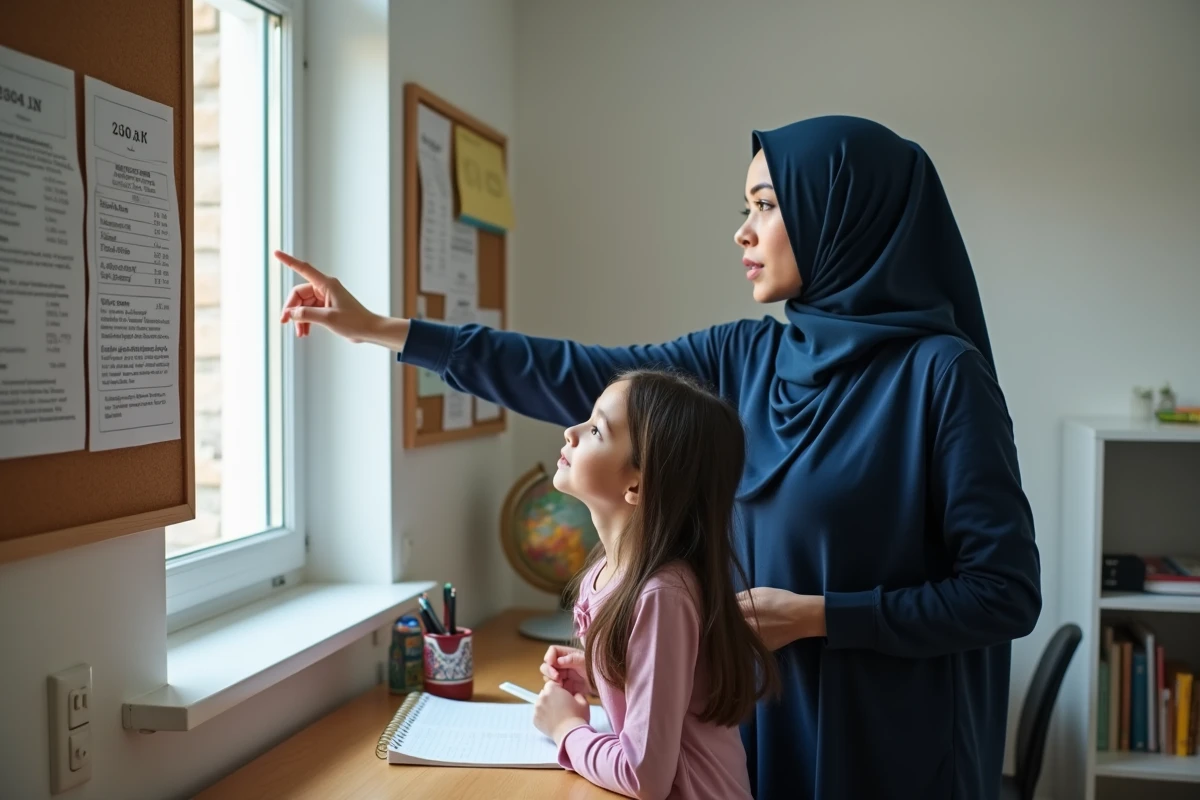 Une jeune femme en hijab expliquant le tableau des horaires de prière à une fillette dans une salle d'étude à Reims