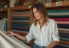 Tissu de qualité : comment le reconnaître ? Conseils et astuces Femme examinant un tissu fin dans une boutique de mode