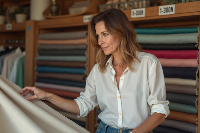 Femme examinant un tissu fin dans une boutique de mode