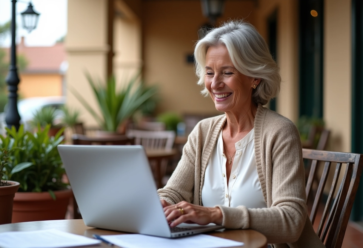 Femme française souriante consulte ses papiers sur une terrasse en Espagne
