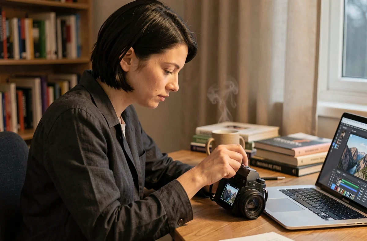 Femme consultant les photos de son Fujifilm X-T20 dans un bureau le soir en basse lumière