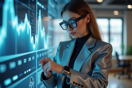 Jeune femme en veste futuriste et lunettes intelligentes dans un espace de coworking