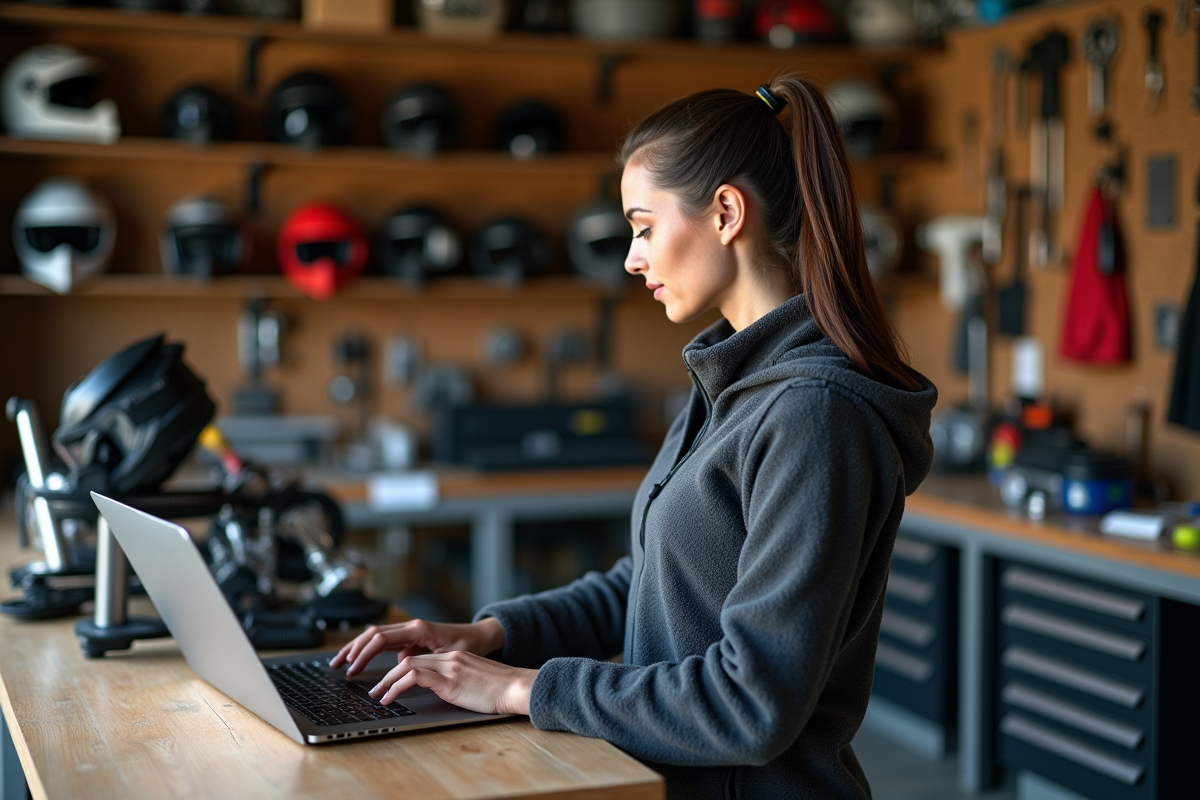 Femme regardant des annonces de motos 125cc dans un garage