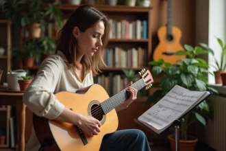 Femme jouant de la guitare classique en lisant une tablature de Mistral Gagnant dans un studio de musique