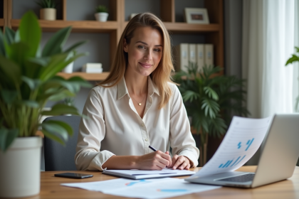 Femme confiante en bureau moderne avec documents et ordinateur