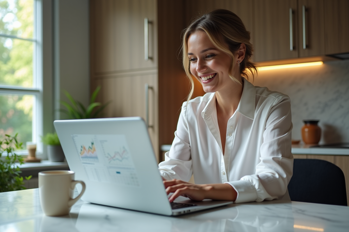 Femme souriante analysant des graphiques d