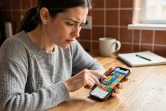 Femme concentrée jouant à un jeu de mots 4 images 1 mot sur smartphone dans une cuisine moderne