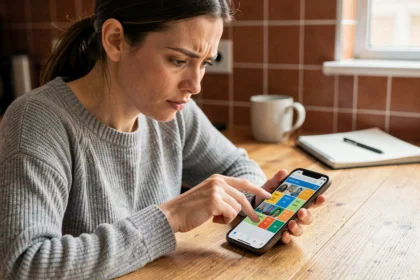 Femme concentrée jouant à un jeu de mots 4 images 1 mot sur smartphone dans une cuisine moderne