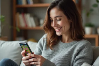 Femme jouant à un jeu de bonbons coloré sur smartphone dans un salon moderne, illustrant les niveaux de Candy Crush