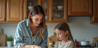 Femme et fille faisant la lessive dans la cuisine lumineuse