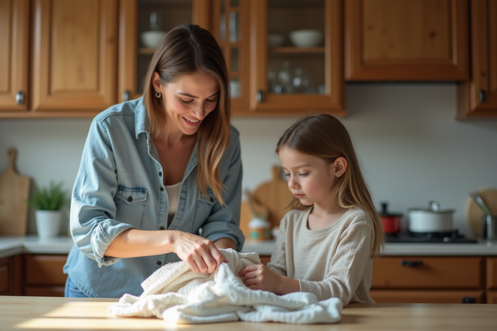 Femme et fille faisant la lessive dans la cuisine lumineuse