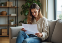 Les critères essentiels pour choisir la meilleure assurance habitation en tant que locataire Jeune femme lisant une police d'assurance dans un salon lumineux
