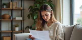 Jeune femme lisant une police d'assurance dans un salon lumineux