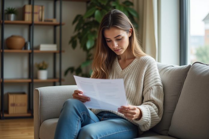 femme-lecture-assurance Jeune femme lisant une police d'assurance dans un salon lumineux
