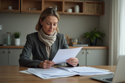 Femme d'âge moyen examinant des documents juridiques à la maison