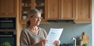 Femme lisant un rapport d energie dans sa cuisine moderne