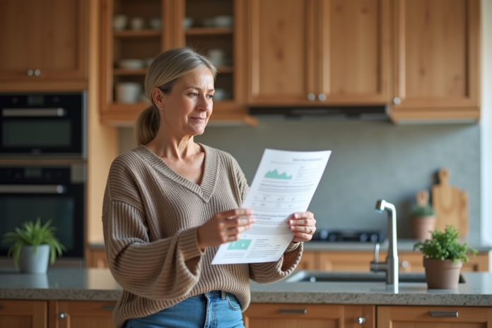femme-lecture-rapport-energie Femme lisant un rapport d energie dans sa cuisine moderne