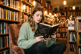 Jeune femme lisant un roman romantasy spicy dans une librairie indépendante cosy aux étagères remplies de livres