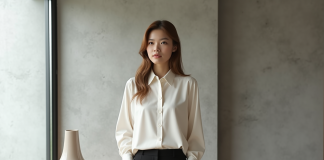 Jeune femme en blouse ivoire dans un salon moderne