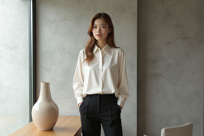 femme-minimaliste-salon Jeune femme en blouse ivoire dans un salon moderne