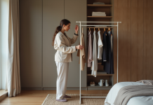 Conseils mode : comment composer une garde-robe parfaite en 2025 ? Femme stylée organisant ses vêtements dans une chambre moderne