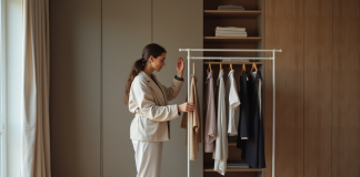 Femme stylée organisant ses vêtements dans une chambre moderne