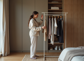 Conseils mode : comment composer une garde-robe parfaite en 2025 ? Femme stylée organisant ses vêtements dans une chambre moderne