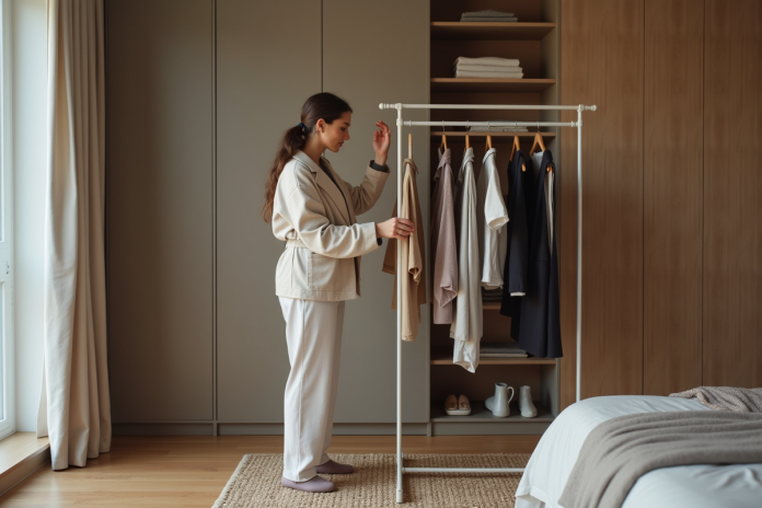 femme-mode-organisee-chambre Femme stylée organisant ses vêtements dans une chambre moderne