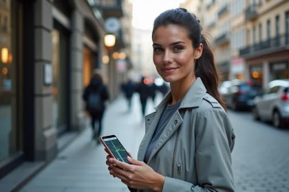 Femme utilisant une application GPS sur son smartphone en ville pour se repérer dans une rue animée