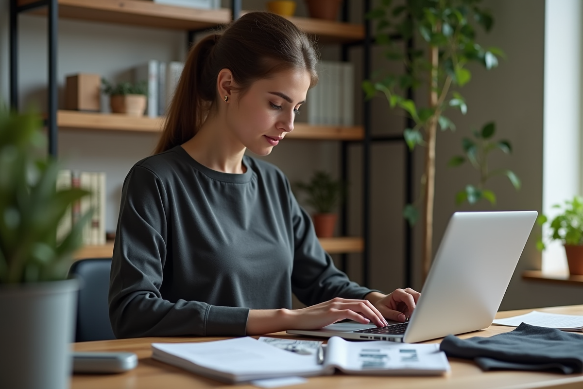 Jeune femme comparant des catalogues de vêtements de travail à la maison