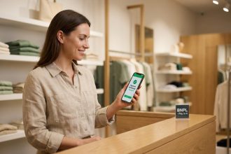 Femme utilisant le paiement fractionné BNPL sur smartphone en boutique de mode