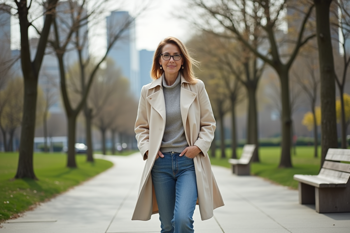Femme en trench dans un parc urbain au printemps