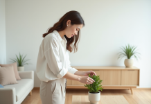 Jeune femme arrangeant une plante verte dans un vase en céramique dans un intérieur lumineux