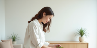 Jeune femme arrangeant une plante verte dans un vase en céramique dans un intérieur lumineux