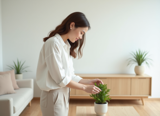 Style minimaliste : les avantages pour votre décoration intérieure ! Jeune femme arrangeant une plante verte dans un vase en céramique dans un intérieur lumineux