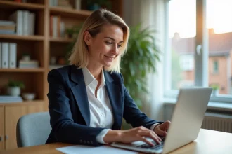 Femme professionnelle en bureau moderne vérifiant paiement