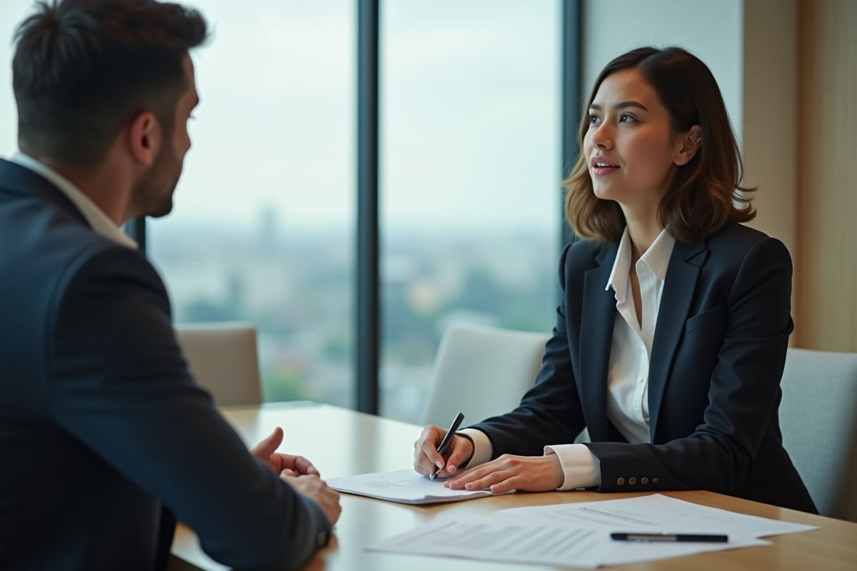 Femme professionnelle explique des documents à un client